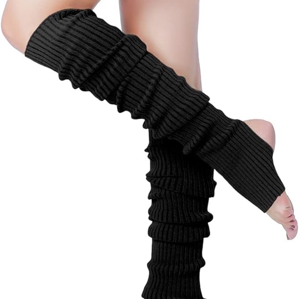 Long Black Ribbed Leg Warmers with peek-a-heel